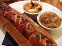 Hawksmoor hot dog and Seven Barrels Red Rye IPA