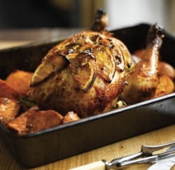 Honey-roast chicken with roast sweet potatoes