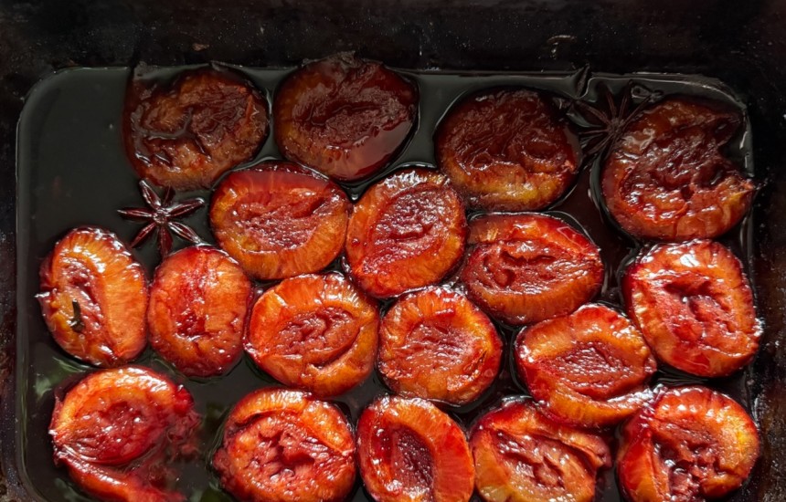 Roast plums with shiraz and star anise