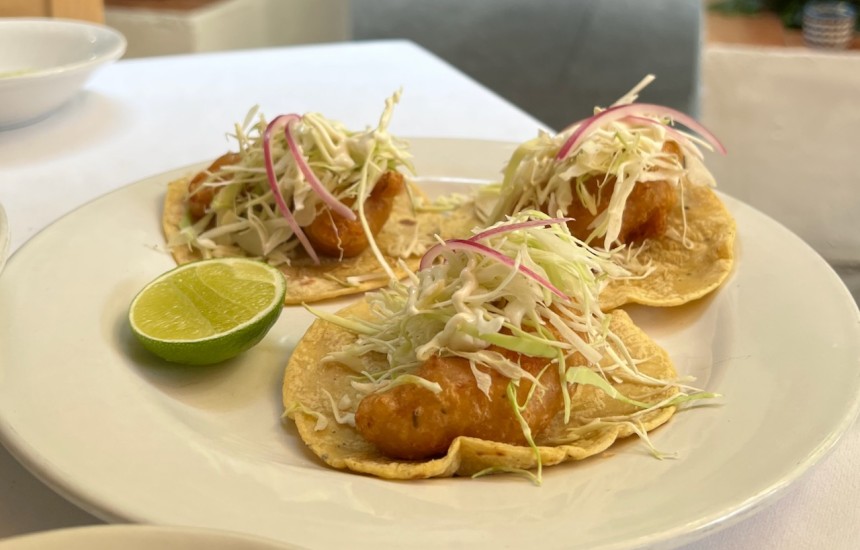 Deep-fried shrimp tacos and Mexican sauvignon blanc