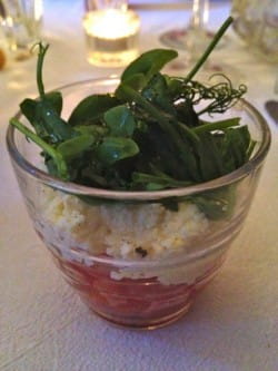 Layered tomato and egg salad with Verdejo