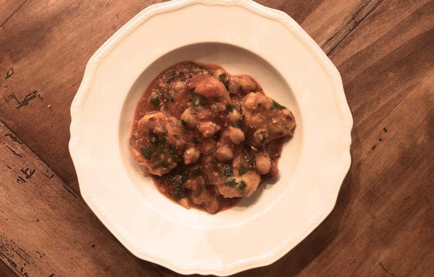 Monkfish, chorizo, saffron and chickpea stew