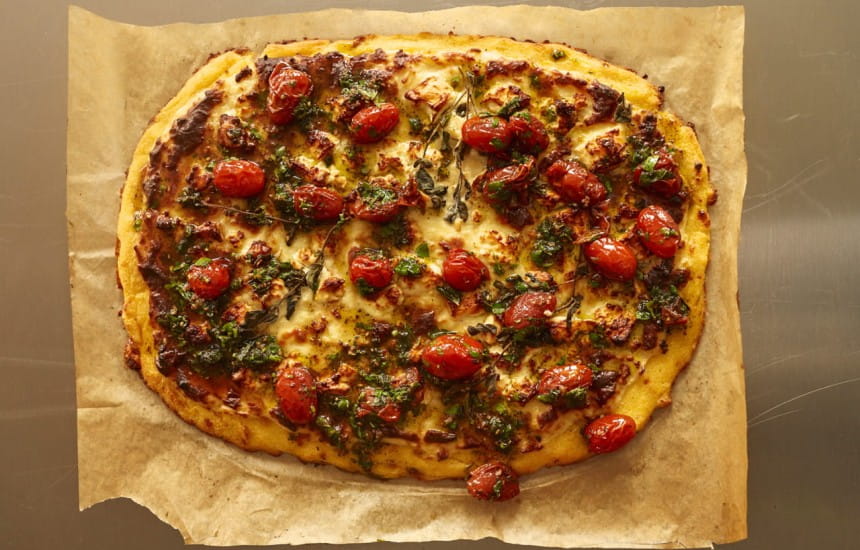 Recipes |  Baked polenta with feta, béchamel and za’atar tomatoes