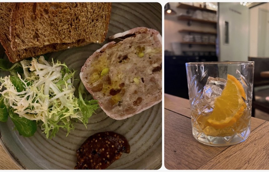 Pork apricot and pistachio terrine with an Old-fashioned cocktail