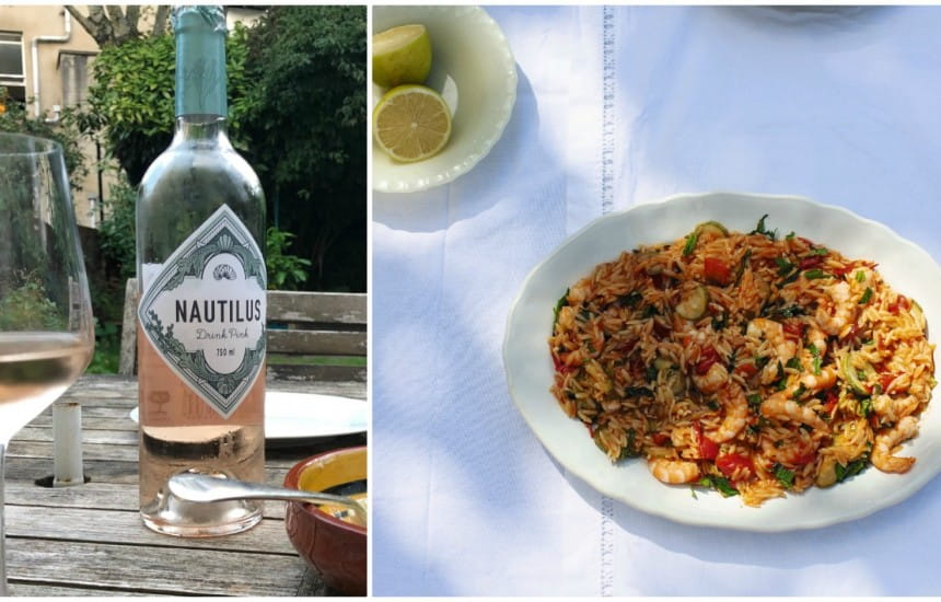 Prawns with ouzo, orzo and courgette and Greek rosé