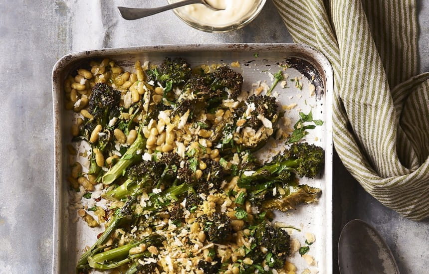 Purple Sprouting Broccoli and Flageolet Beans with Preserved Lemon Mayo