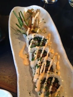 Soft shell crab tempura maki and ‘Misty Mountain’ sake