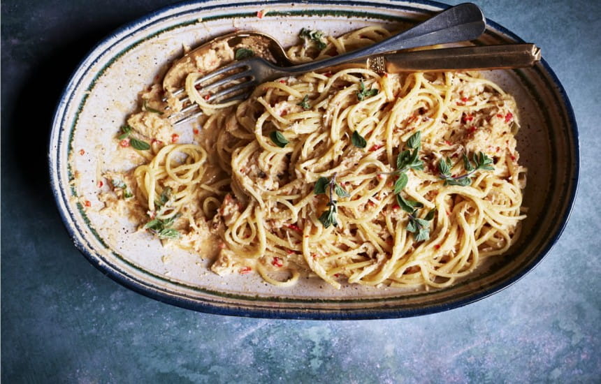 Spaghetti with Almond Cream, Fresh Crab, Chilli and Marjoram