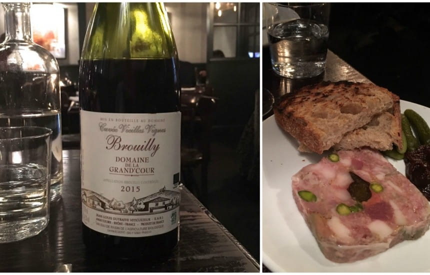 Pork and pistachio terrine and old vine Brouilly
