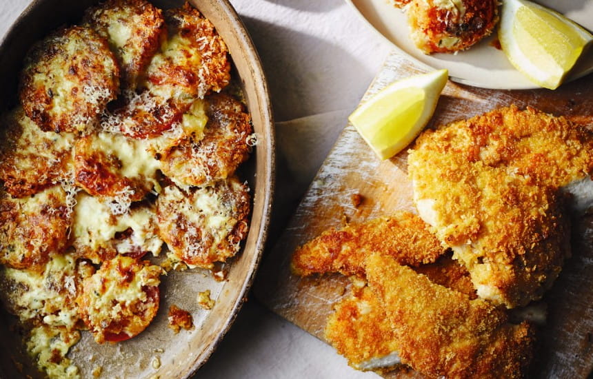 Breadcrumbed Tomatoes Baked in Cream with Fried Chicken