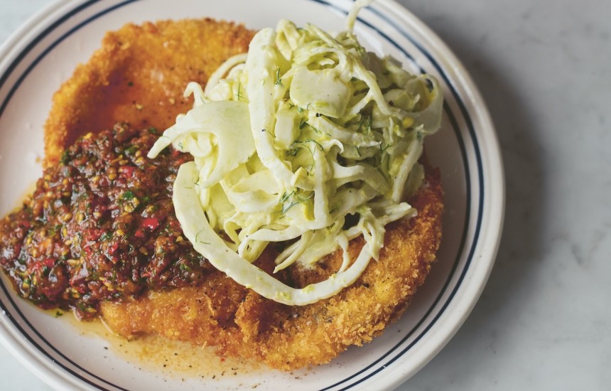 Chicken schnitzel, burnt salsa, fennel slaw
