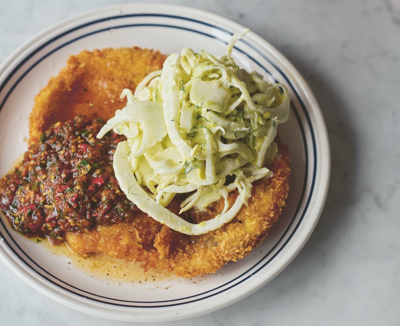 Chicken schnitzel, burnt salsa, fennel slaw