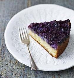Upside-down blueberry and elderflower cake