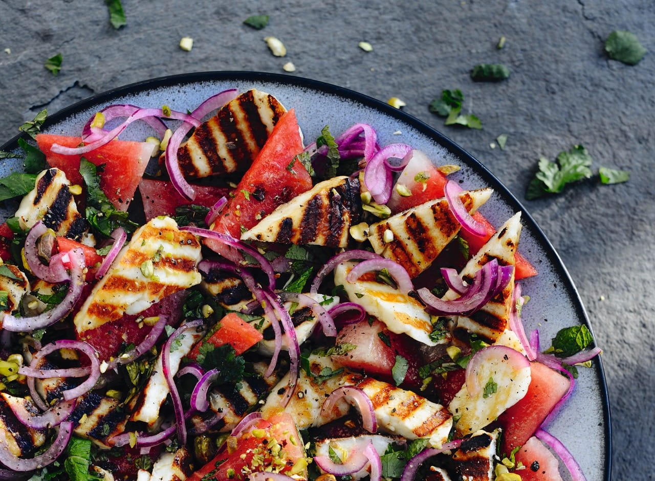 Watermelon, halloumi, lime-pickled red onions