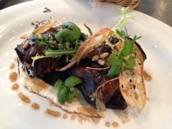 aubergine with grilled courgettes, marinated peppers and goats curd
